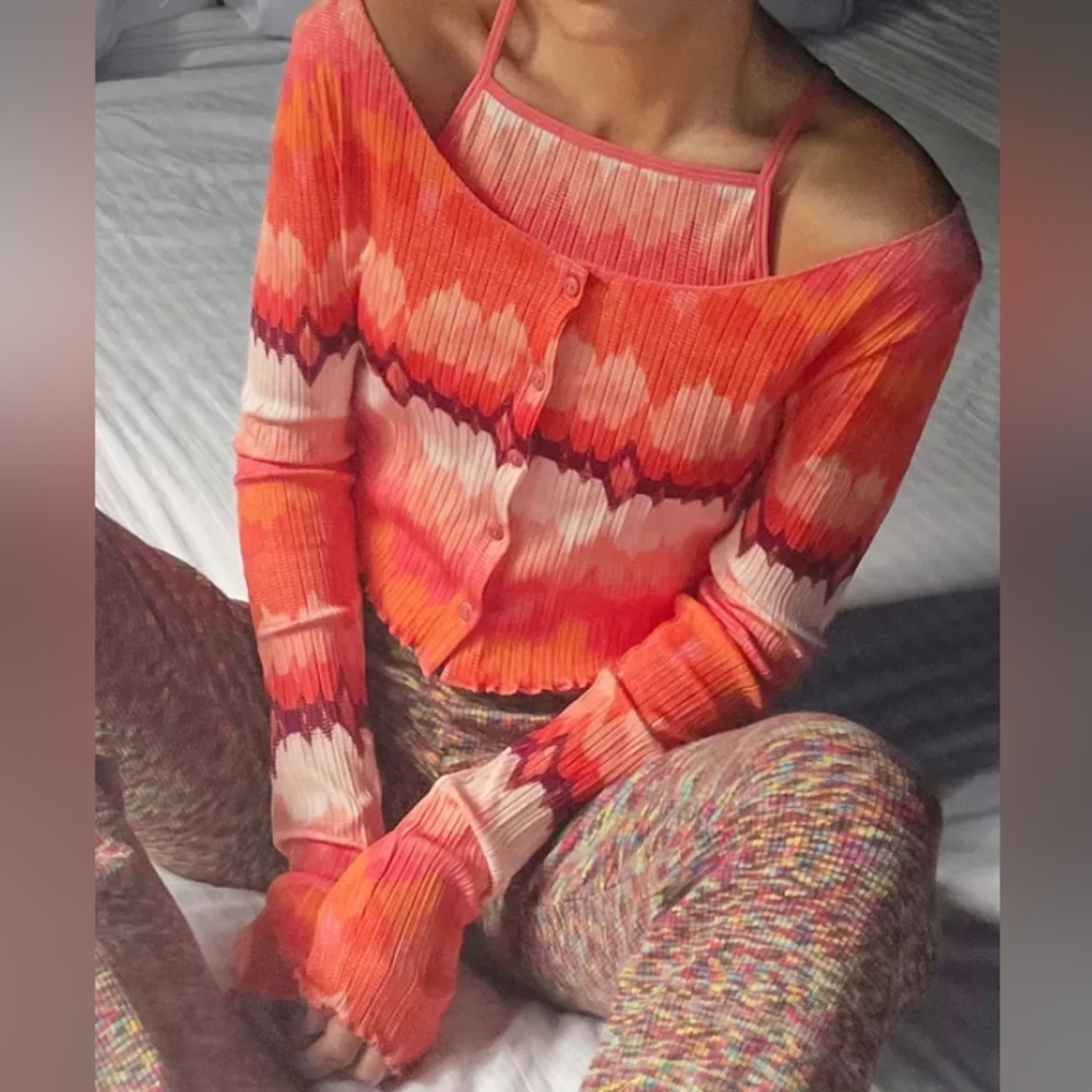 Urban Outfitters Off Shoulder Cropped Cardigan in Orange, Pink, Purple and White